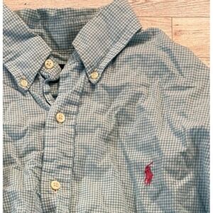 Mens Ralph Lauren Long Sleeve Polo Shirt Blue White Gingham Pink Pony LARGE